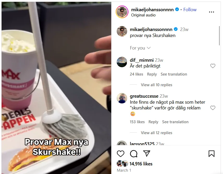 Ett inlägg på Instagram där en användare skojade om att Max lanserat en "Skurshake"