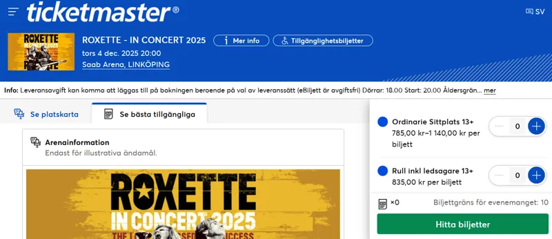 Biljettpriser och tillgängliga platser