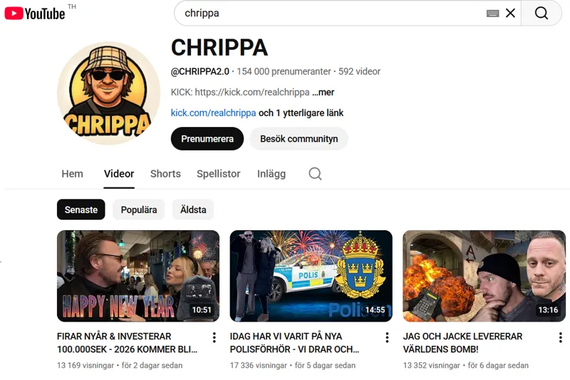 Vad handlar Chrippas Youtube-videos om och hur stort genomslag har han