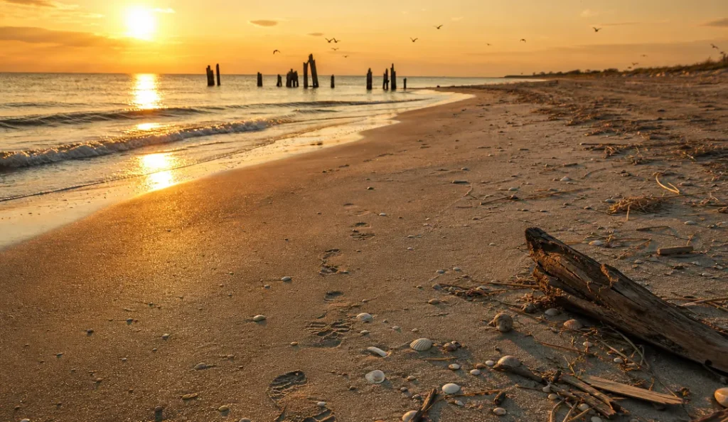 Lugn strand i gyllene ljus med mjuka vågor