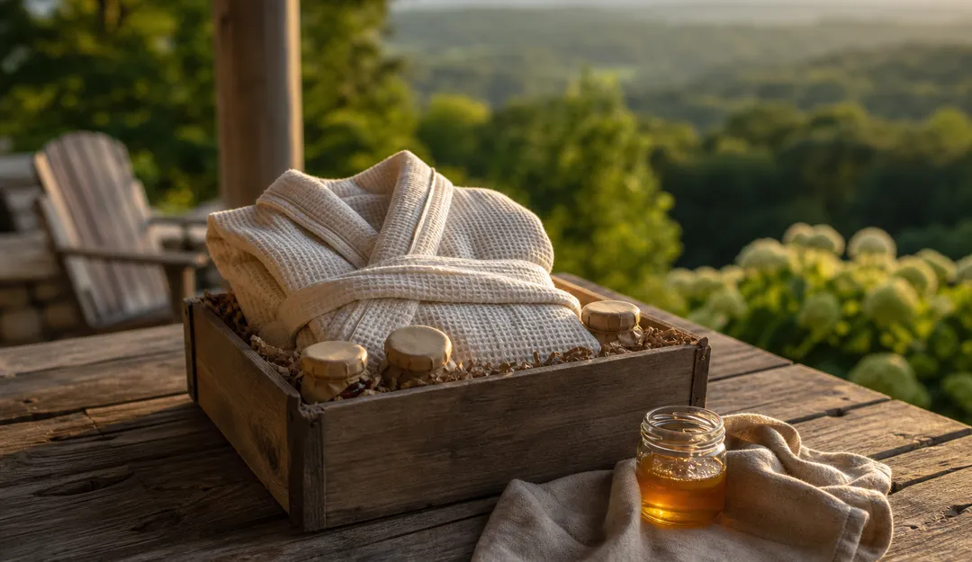 Presentkorg med honungsburkar och morgonrock på lyxresort i Hudson Valley