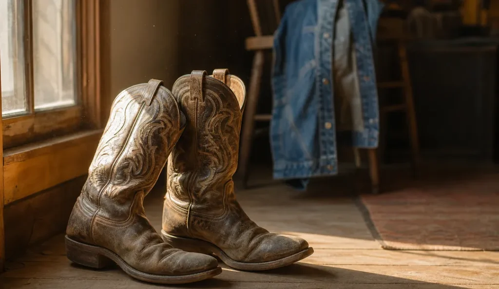 Ett par slitna cowboystövlar i broderat läder står på ett trägolv