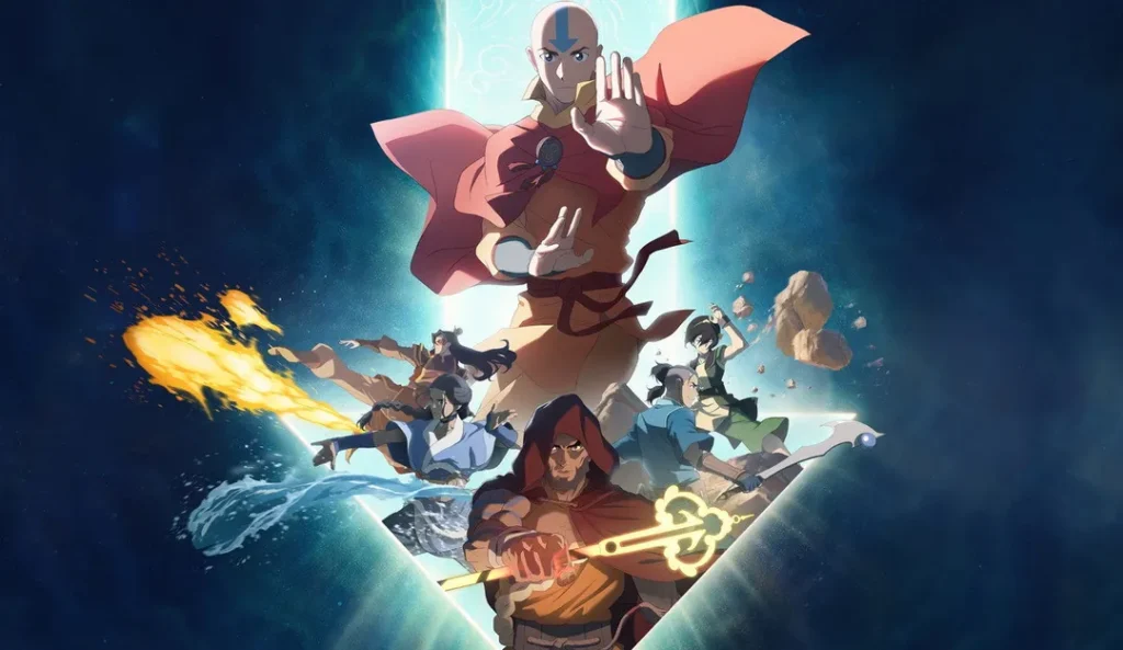 Animerad scen med karaktärer från Avatar-universum. I centrum står en kahl man med röd kappa och ett blått märke på huvudet. Runt honom slåss flera karaktärer m