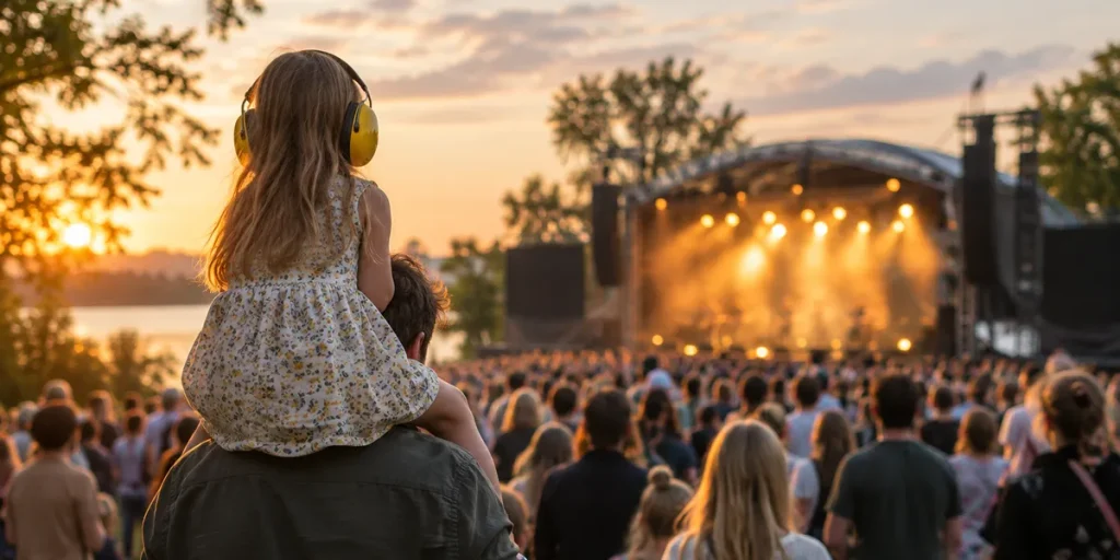 Pappa med dotter på axlarna som bär gula hörselkåpor framför scenen på en utomhusfestival i solnedgången